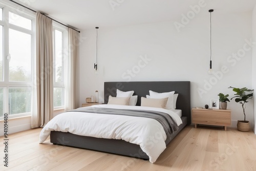 Modern bedroom with a gray upholstered bed and wooden nightstand