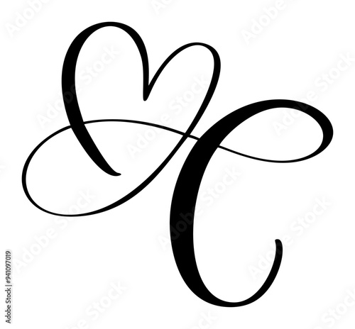 Vector Vintage heart letter monogram logo C. Love Calligraphy element Valentine flourish. Hand drawn sign for page decoration design illustration, wedding card, invitation