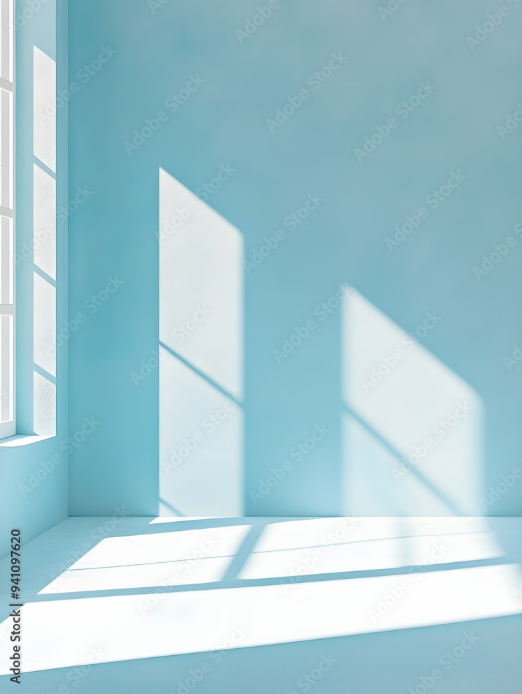 Fototapeta premium Minimal abstract simple light blue background for product presentation. Shadow and light from windows on plaster wall. -