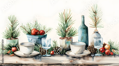 Wallpaper Mural Boho Christmas table setting  isolated on white background Torontodigital.ca