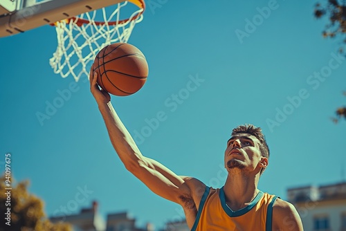 A basketball player sinking a three-pointer, the ball in perfect arc toward the hoop photo