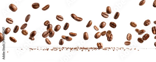 Flying coffee beans in motion on white background.