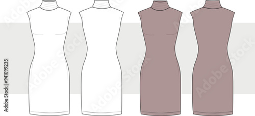 Women's mock neck bodycon midi dress front and back view technical flat drawing vector template. Dress technical fashion illustration. 