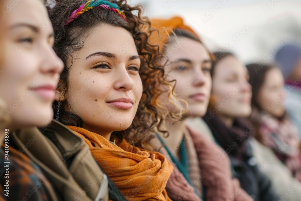 A group of women sit comfortably next to each other, ideal for use in editorial or lifestyle content A group of women sit comfortably next to each other, ideal for use in editorial or lifestyle content