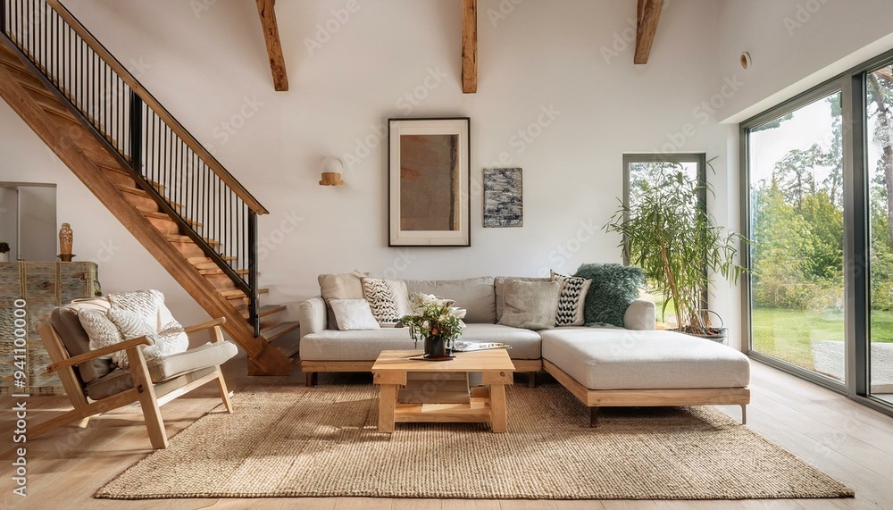 Fototapeta premium Farmhouse home interior design of modern living room with wooden staircase