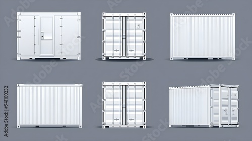 Realistic set of a white metal cargo container illustrated from different angles