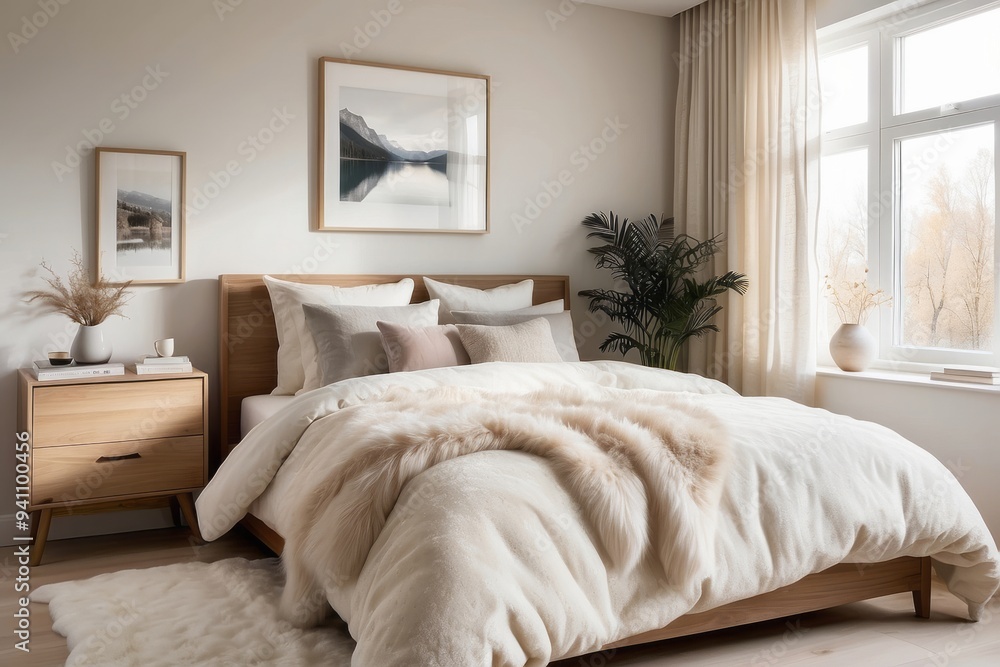 A Cozy Minimalist Bedroom with a Large Bed and Fluffy Blanket A Cozy Minimalist Bedroom with a Large Bed and Fluffy Blanket
