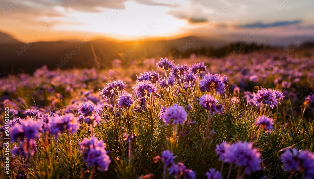 Naklejka premium Close-up of purple flowers growing on field during sunset