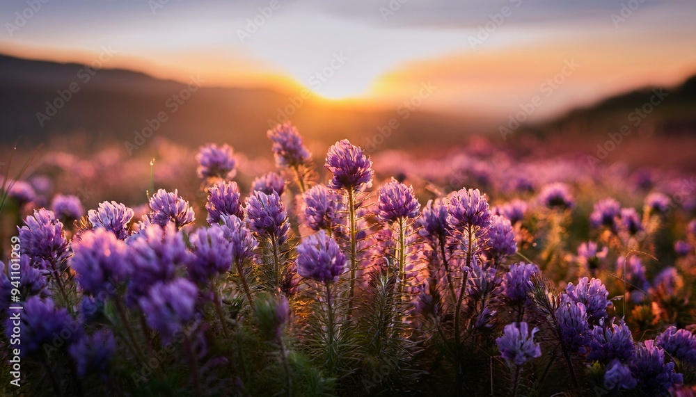 Close-up of purple flowers growing on field during sunset Close-up of purple flowers growing on field during sunset