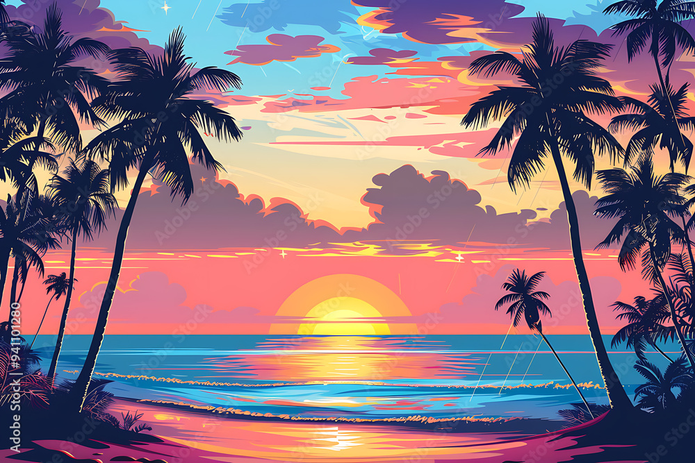 Beach landscape with palm trees and sea view. Beach landscape with palm trees and sea view.