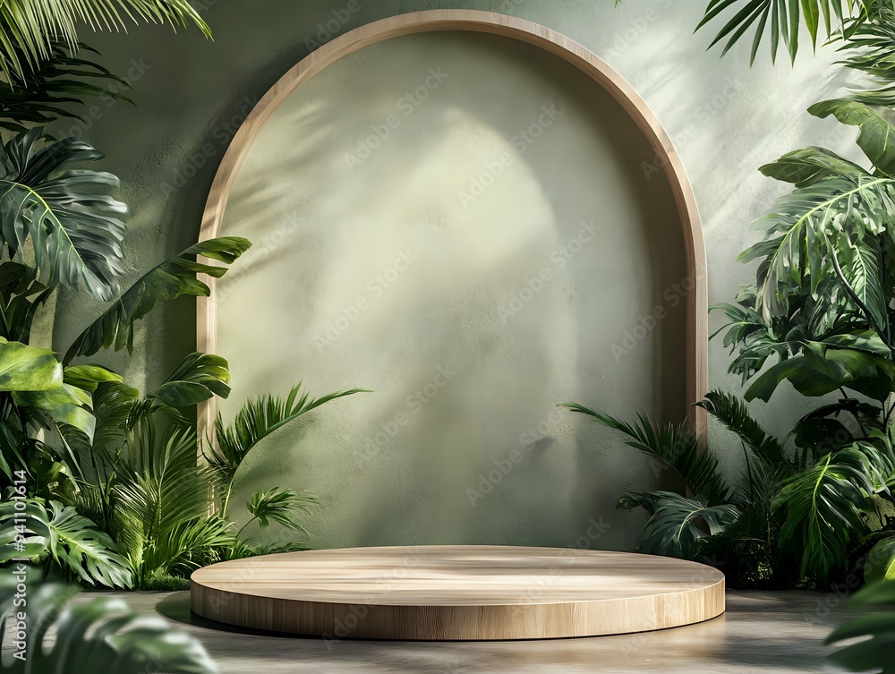 Tropical Foliage Surrounding a Wooden Podium for Product Display Tropical Foliage Surrounding a Wooden Podium for Product Display