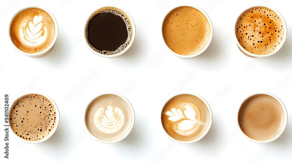 Set of paper take away cups of different coffee latte or cappuccino isolated on white background, top view Set of paper take away cups of different coffee latte or cappuccino isolated on white background, top view