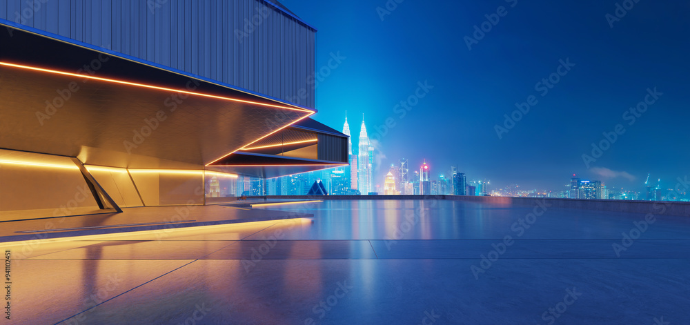 Fototapeta premium Perspective view of empty concrete floor with city skyline and urban skyscrapers at night