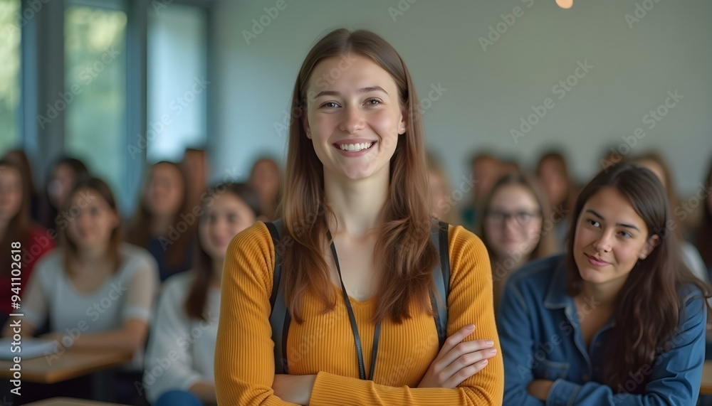 Obraz premium Successful female student with group of college students at classroom of university