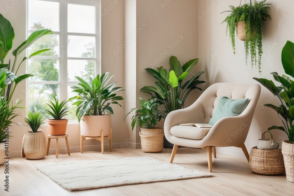 A Cozy Living Room Decorated with Plants and a Comfortable Armchair A Cozy Living Room Decorated with Plants and a Comfortable Armchair
