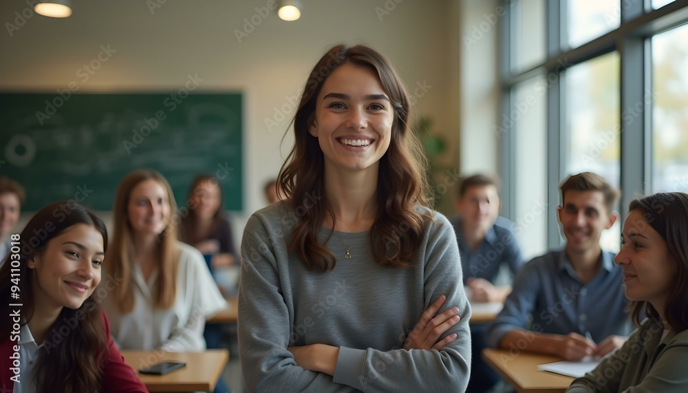Obraz premium Successful female student with group of college students at classroom of university
