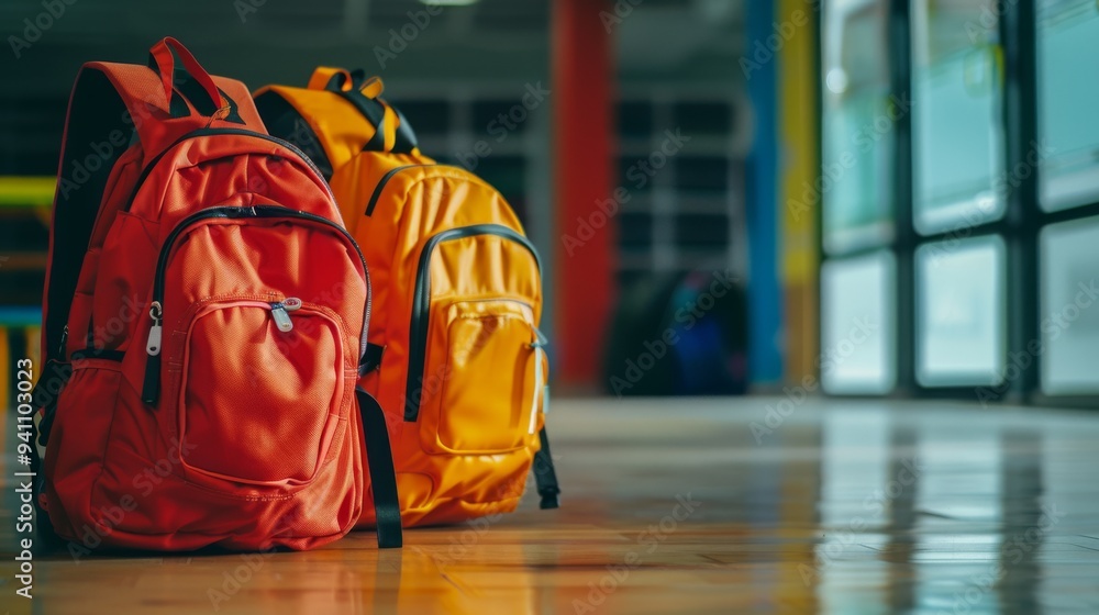 Obraz premium Brightly colored backpacks stand on a polished floor in an empty hallway, evoking memories of vibrant school days and the excitement of new beginnings.