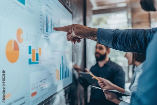 A business leader pointing to key elements of a strategic plan projected on a screen, process of communicating and aligning on strategic goals photo