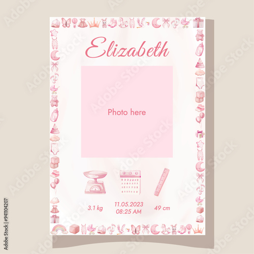 Pink baby birth details template with photo Nursey decor New born gift It's a girl