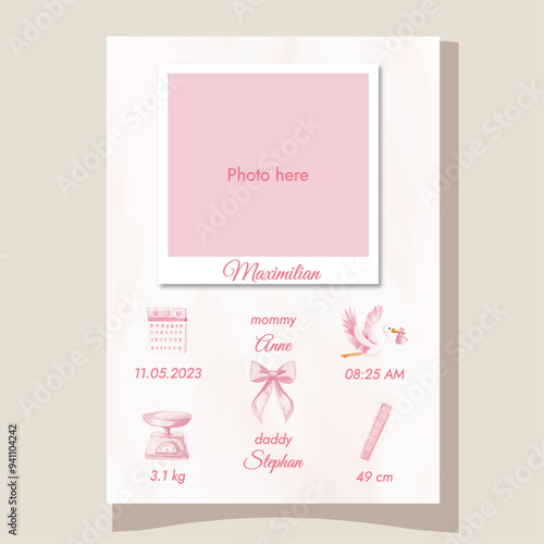 Pink cute baby birth details template with photo in watercolor New born gift It's a girl