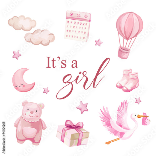 It's a girl pink and white elements watercolor for greeting card Baby shower