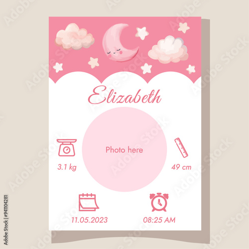 Pink baby birth details template Nursey decor New born gift It's a girl in watercolor