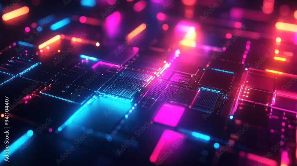 Abstract Neon Lights on a Grid of Black Squares Abstract Neon Lights on a Grid of Black Squares