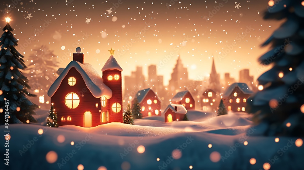 A serene winter village scene with snow-covered houses and soft glowing lights. A serene winter village scene with snow-covered houses and soft glowing lights.