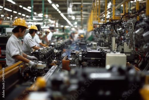 A bustling factory floor in the manufacturing industry, with workers operating advanced machinery and assembly lines producing various goods