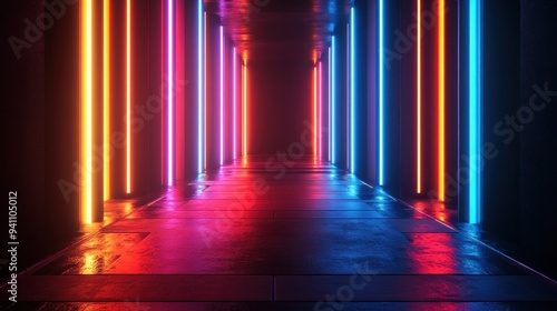 Neon Light Corridor with a Wet Floor