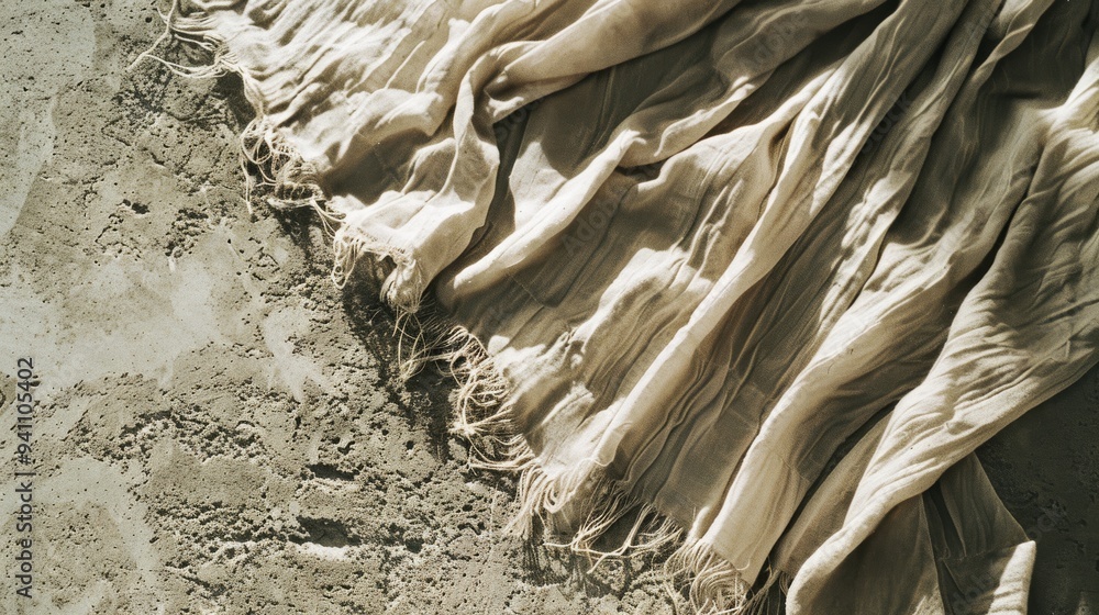 Light beige fabric draped gently over sandy ground, creating a serene contrast of textures and colors, evoking a calming, natural scene. Light beige fabric draped gently over sandy ground, creating a serene contrast of textures and colors, evoking a calming, natural scene.