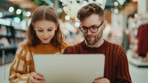 Parents and college aged child browsing and evaluating various laptop bags together in a retail store as they prepare for the new academic year and the student s technology needs photo