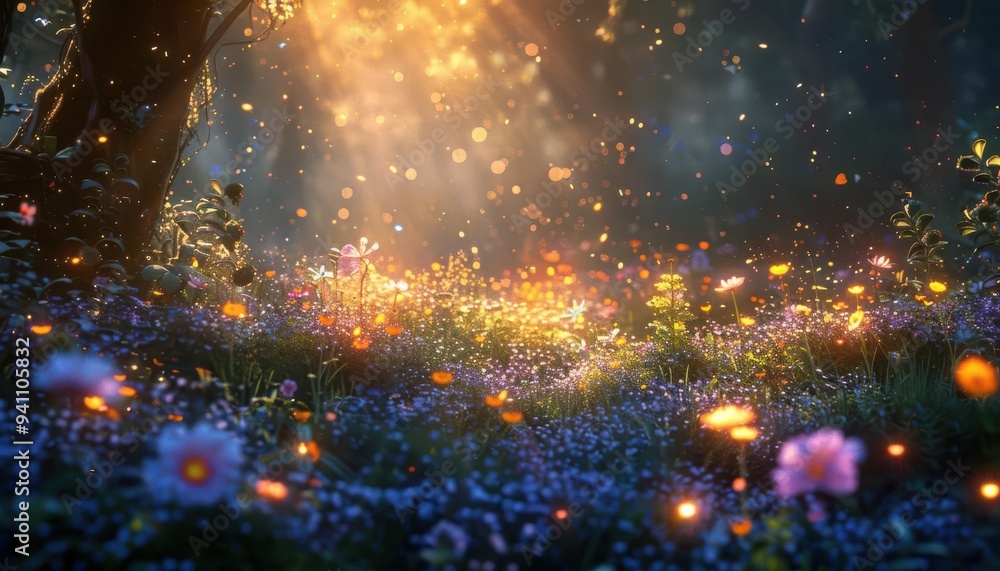 Magical forest scene lit by golden sunlight with blooming flowers and fireflies, creating a dreamy, enchanted atmosphere. Magical forest scene lit by golden sunlight with blooming flowers and fireflies, creating a dreamy, enchanted atmosphere.