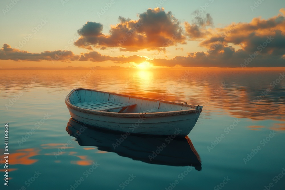 A rowboat gently drifting on a lake, the water reflecting the sunset A rowboat gently drifting on a lake, the water reflecting the sunset