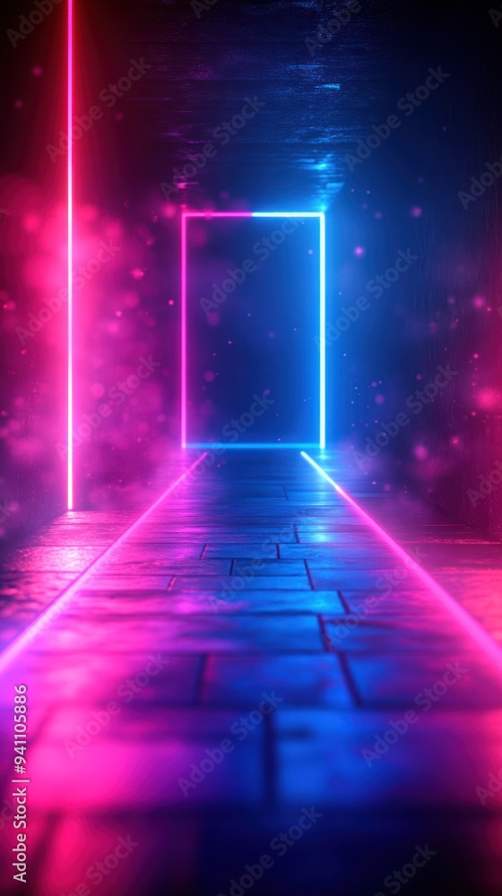 Fototapeta premium Neon Lights Illuminating a Brick Path with a Glowing Frame
