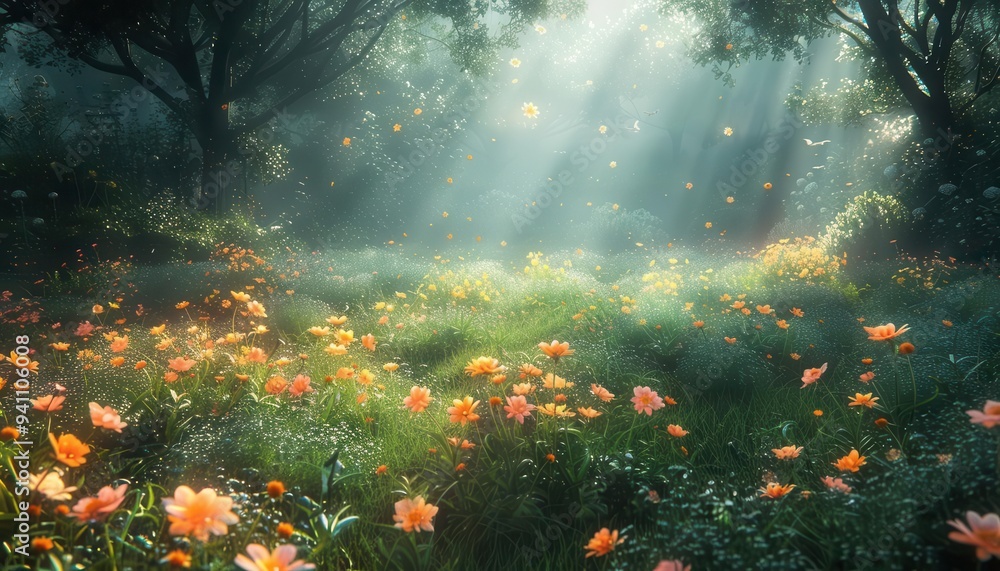 custom made wallpaper toronto digitalEnchanting forest meadow with colorful wildflowers and sunbeams creating a peaceful, magical atmosphere. Nature's tranquil beauty captured in light.