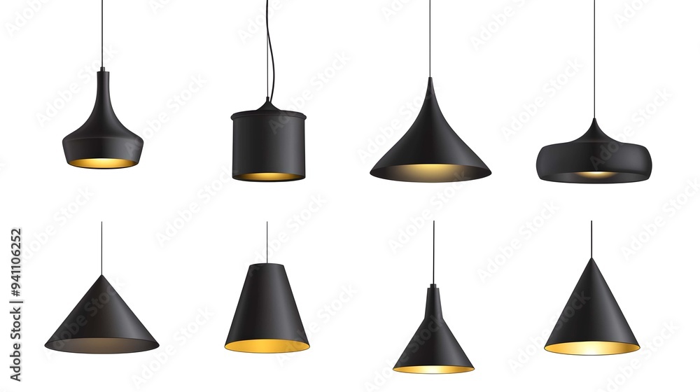 Vector illustration of metal pendant lamp shades in various shapes and sizes, all in black color. The lamps are isolated on a white background Vector illustration of metal pendant lamp shades in various shapes and sizes, all in black color. The lamps are isolated on a white background