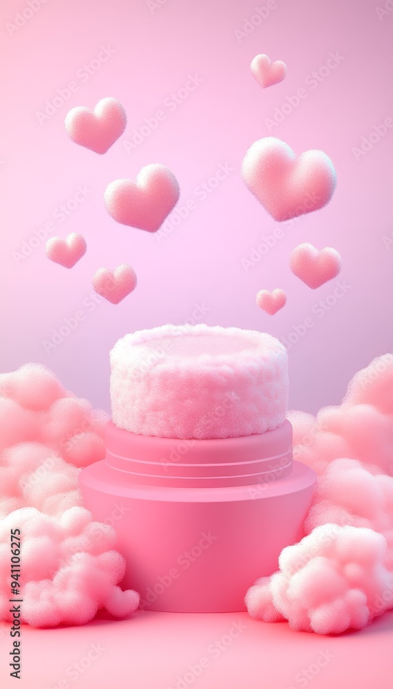 Pink Cosmetic Jar Mockup Display, Surrounded by Fluffy Clouds and Hearts, on Pink Background Pink Cosmetic Jar Mockup Display, Surrounded by Fluffy Clouds and Hearts, on Pink Background