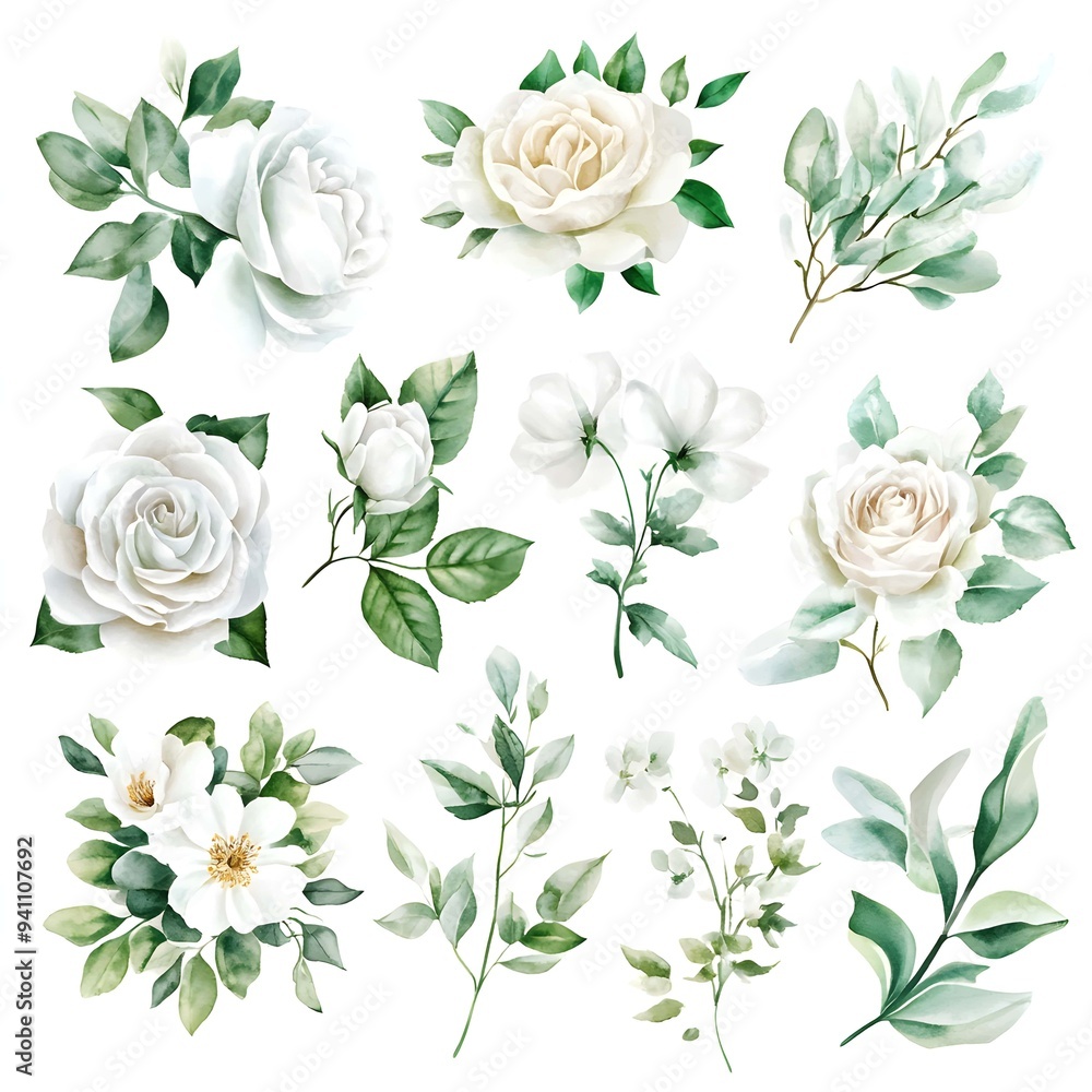 Fototapeta premium Watercolor floral illustration set. White flowers, green leaves individual elements collection. Rose, peony, eucalyptus. For bouquets, wreaths, wedding invitations, anniversary, birthday, prints