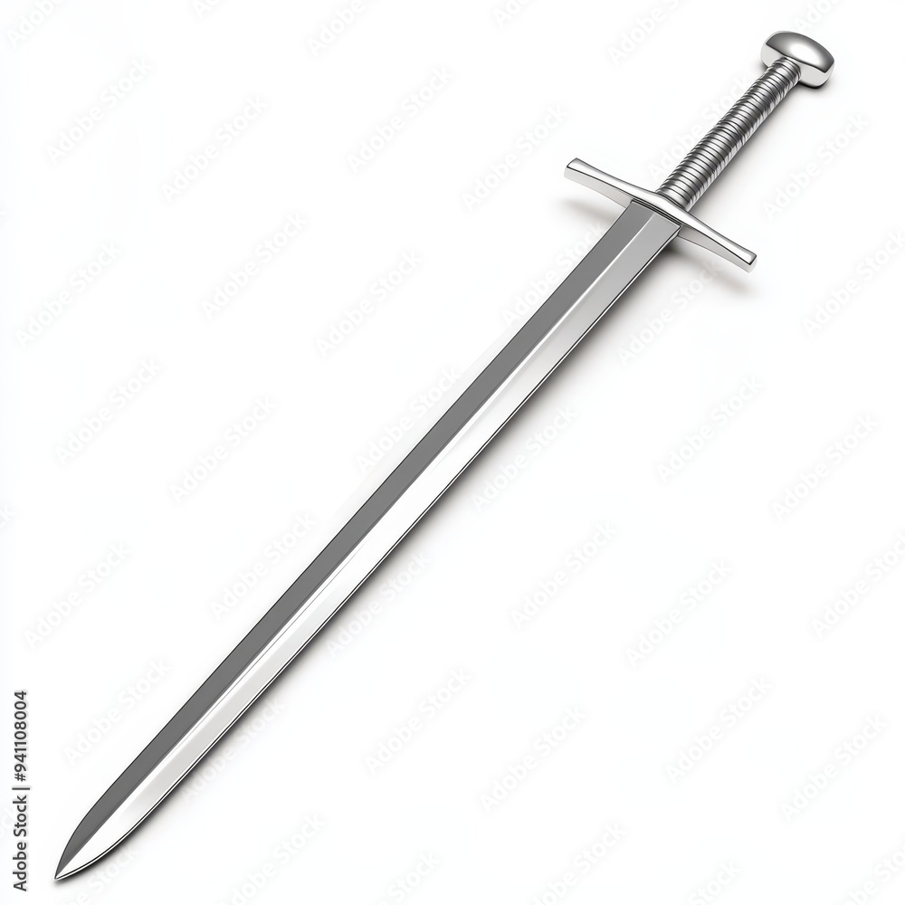 A sleek silver sword with a cross-guard, perfect for historical reenactments or fantasy themes. Isolated on white background. A sleek silver sword with a cross-guard, perfect for historical reenactments or fantasy themes. Isolated on white background.