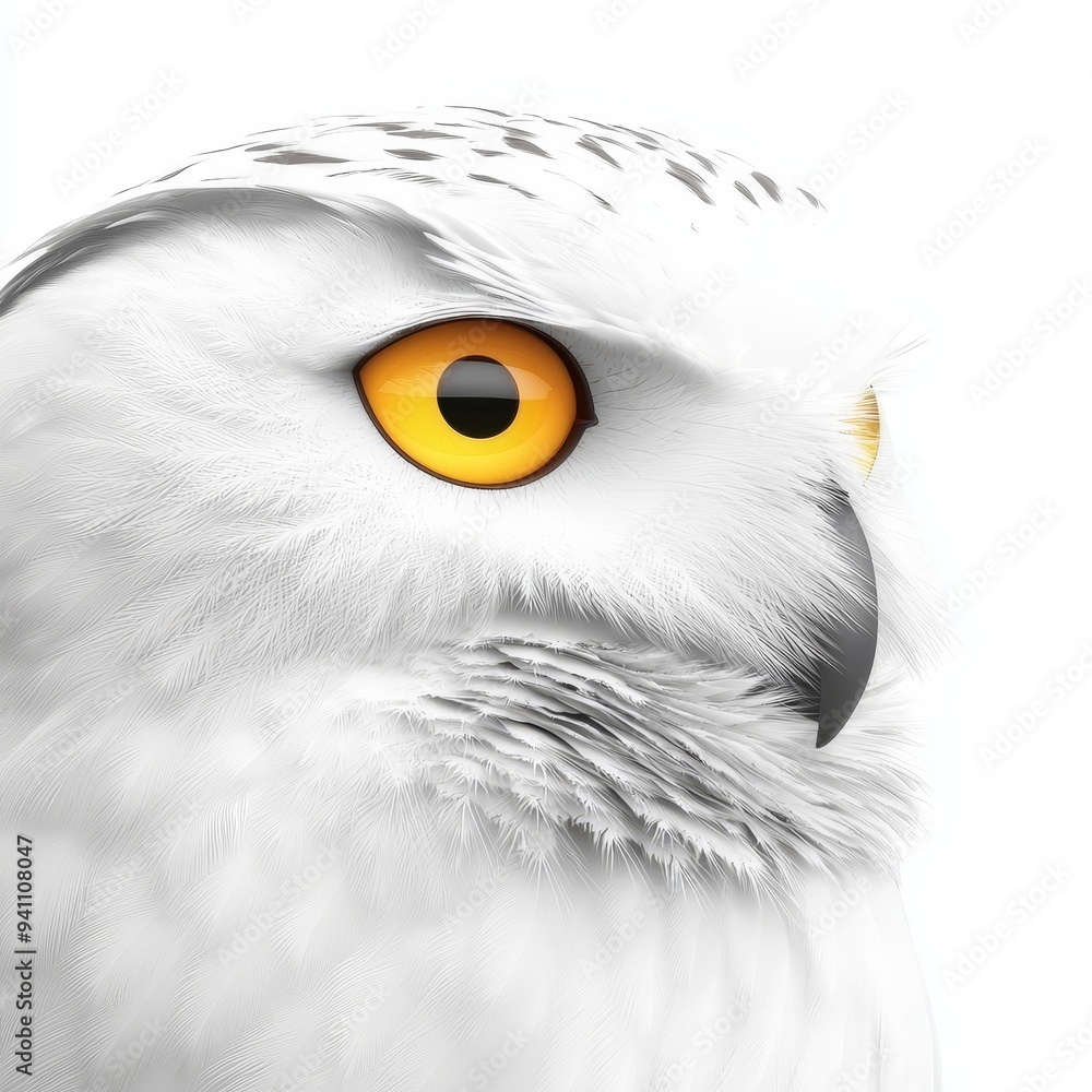 Fototapeta premium A striking close-up of a white owl with vibrant yellow eyes, highlighting its intricate feather details and unique features. Isolated on white background.