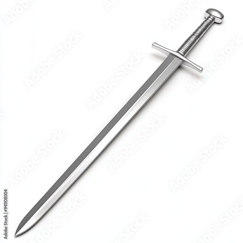 A sleek silver sword with a cross-guard, perfect for historical reenactments or fantasy themes. Isolated on white background.