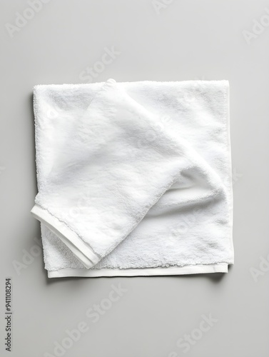 White cotton towel mockup template fabric wiper isolated on a grey background with a clipping path, flat lay top view