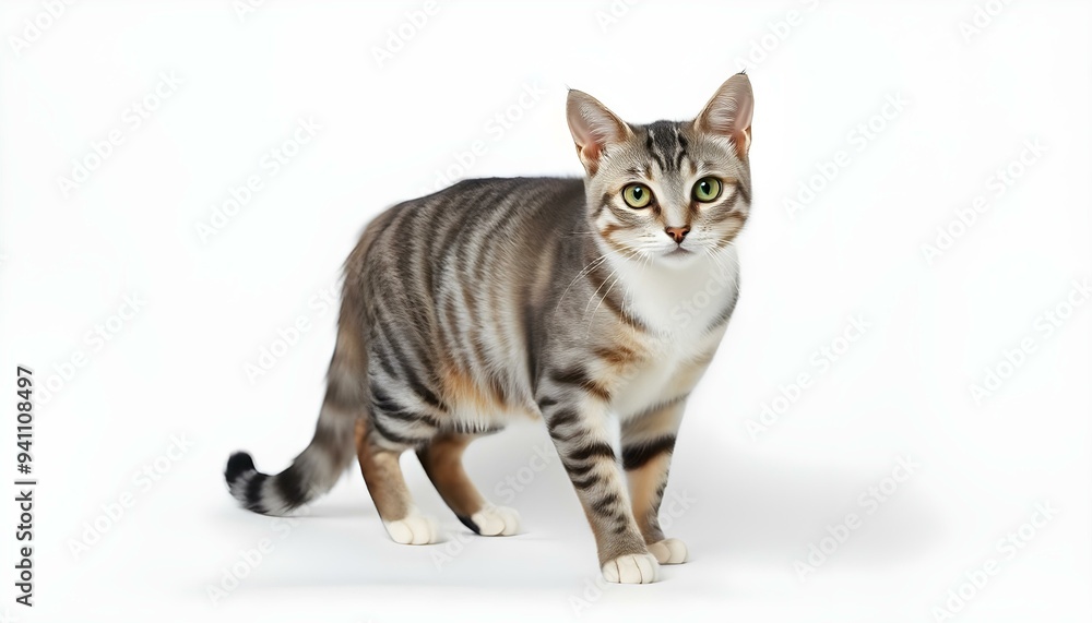 Fototapeta premium A gray and white tabby cat isolated on a white background