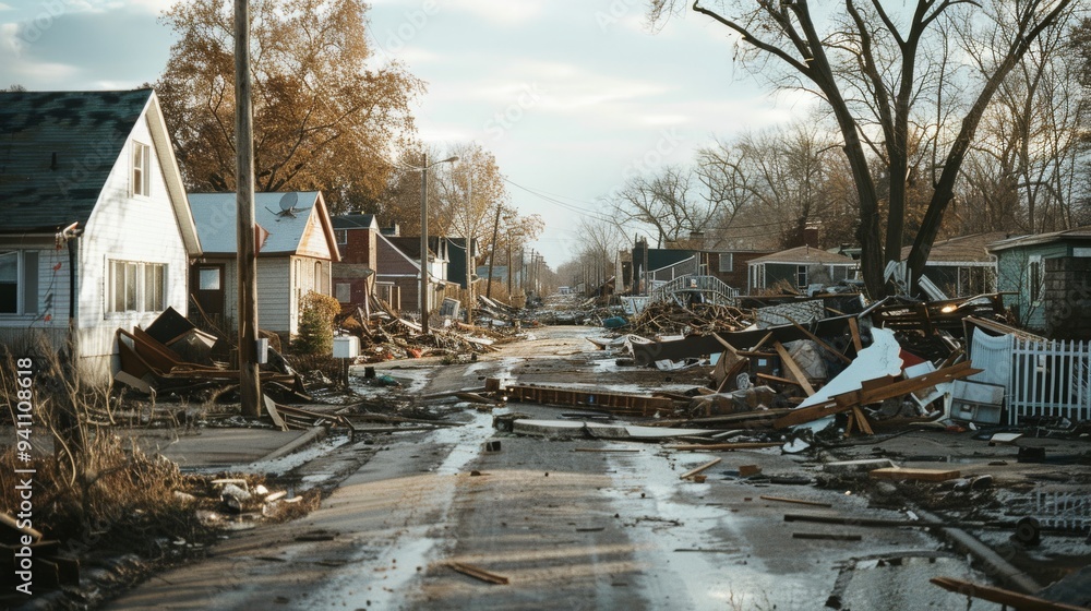 Fototapeta premium A devastated street lined with destroyed homes and debris, capturing the aftermath of a natural disaster in a once-peaceful neighborhood.