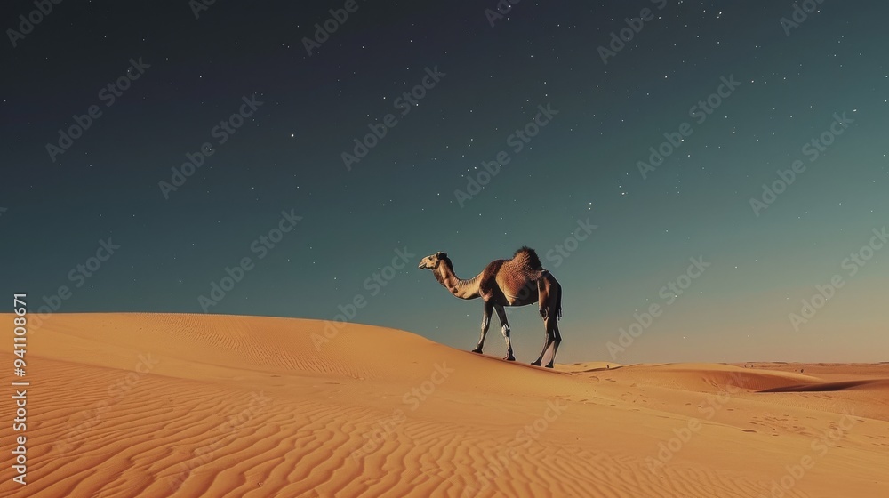 A lone camel wanders across a serene desert under a starry night sky, capturing the beauty of the wilderness. A lone camel wanders across a serene desert under a starry night sky, capturing the beauty of the wilderness.