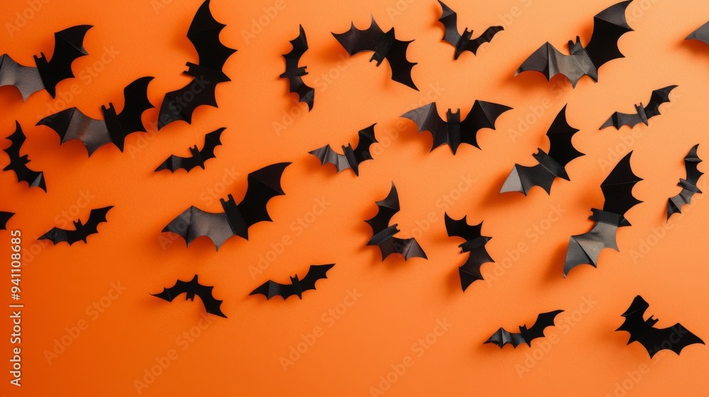 Fototapeta premium Black paper bats flying on a vibrant orange background, evoking a spooky Halloween atmosphere.
