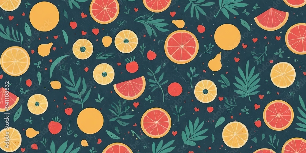 A colorful design of fruit and leaves A colorful design of fruit and leaves