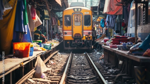 A bustling market set along a railway track, with a yellow train making its way through vendors selling their goods on either side.