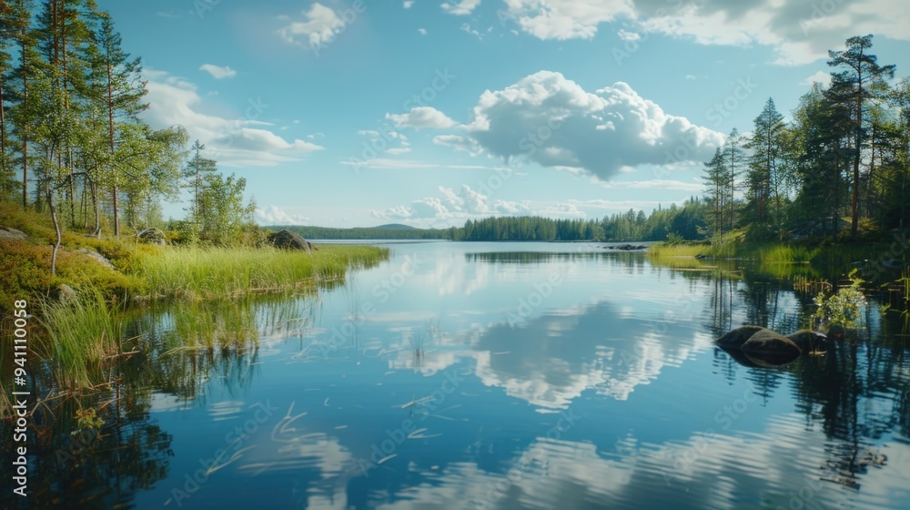 A serene lake surrounded by trees and lush green grass A serene lake surrounded by trees and lush green grass